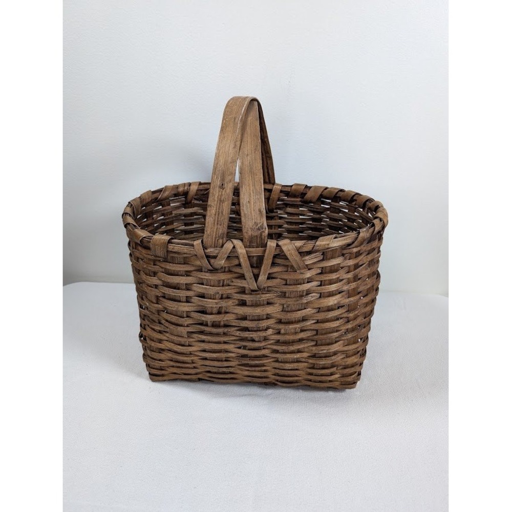Antique Splint Oak Wood Basket 15.5" Gathering Patina Sturdy No Nails Handmade